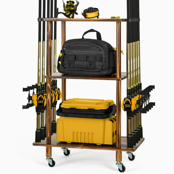 Ghosthorn Fishing Rod Holders for Garage Fishing Pole Rack Hold up to 10 Rods Fishing Pole Holders Wooden Organizer Fishing Rod Rack car Fishing Gear Storage Equipment (3 Tier)