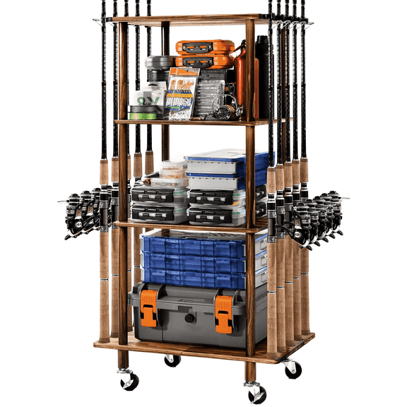 Fishing Rod Holders for Garage Fishing Pole Rack Hold up to 10 Rods Fishing Pole Holders Wooden Organizer Fishing Rod Rack car Fishing Gear Storage Equipment (4 Tier)