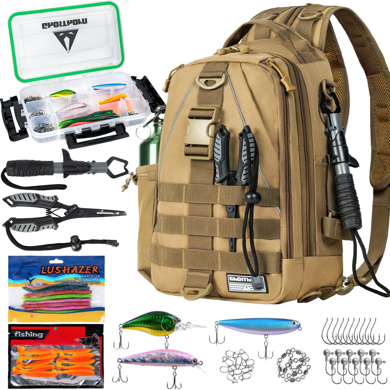 Ghosthorn Fishing Tackle Backpack with Trays 3600 Tackle Boxes & Rod Holders, Large Outdoor Storage Tackle Bag for Fishing