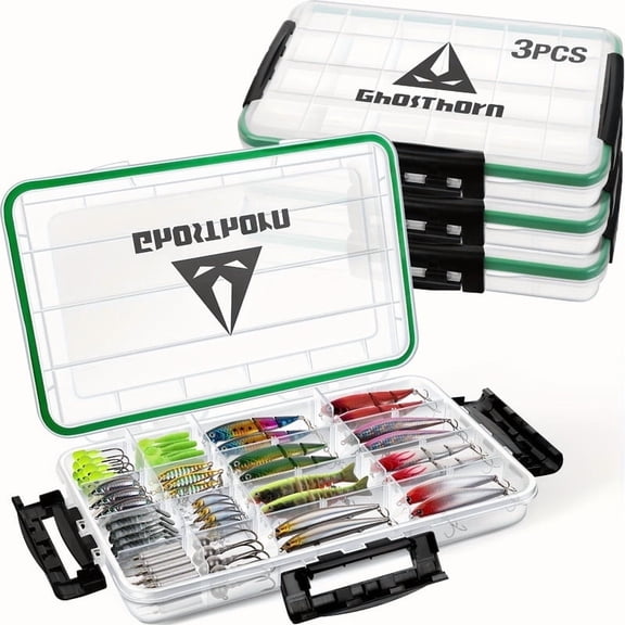 Ghosthorn Fishing Tackle Box, Waterproof 3600 and 3700 Tackle Trays, Plastic Tackle Box Organizer with Removable Dividers Storage Lure Box for Lures 1 and 4 Pack