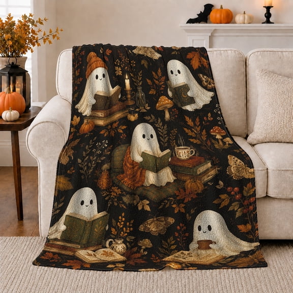 Ghostly Bookworms Autumn Reading Scene, Playful Halloween Scene, Warm Flannel Blanket for Office and Dorm with Detailed Artwork, Art Lovers Halloween Gift, Playful Home Decor