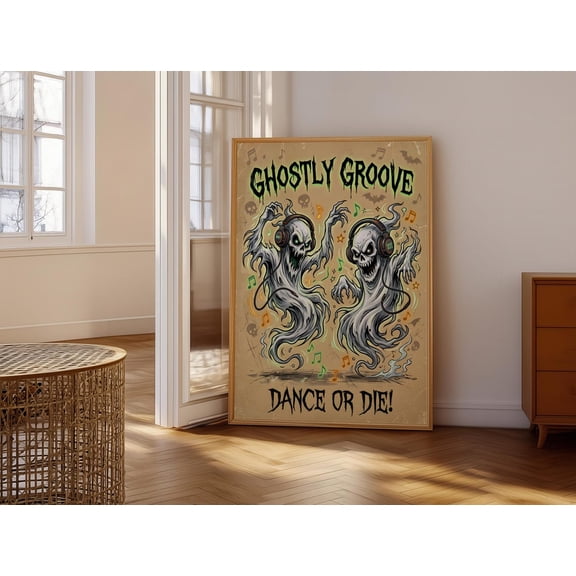 Ghostly Groove Wall Art Spooky Dancing Ghosts with Headphones Fun Halloween Decor Perfect for a Lively and Unique Space