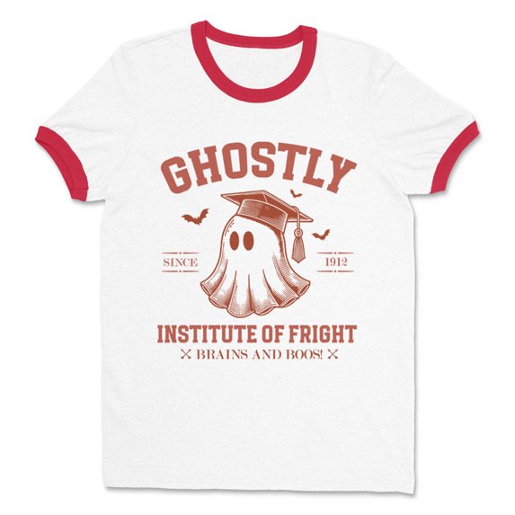 Ghostly Institute of Fright Ringer Tee Shirt Unisex 2X-Large White/Red