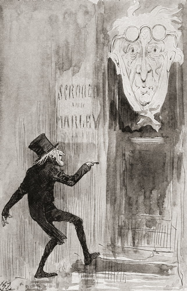 The Ghostly Knocker It was not angry or ferocious but looked at Scrooge as Marley used to look with ghostly spectacles turned up on its ghostly forehead The eyes were wide open they were prefectly mot