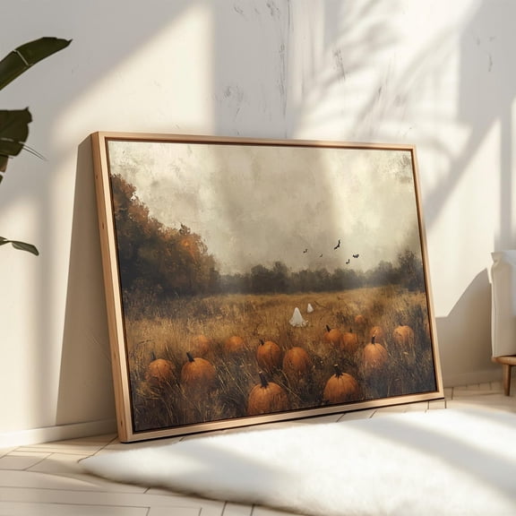 Ghostly Pumpkin Field Wall Art - Spooky Landscape, Autumn Decor With Bats, Rustic Fall Scene, Haunted Seasonal Print Wall Art, Modern Wall Decor, 16x24 UNFRAMED