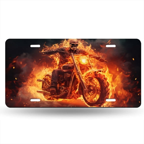 Ghostly Rider On Motorcycle Made Of Fire Decorative Signboard, Decorative Metal Plate with 4 Holes, 6x12inch Artistic Plate Frame