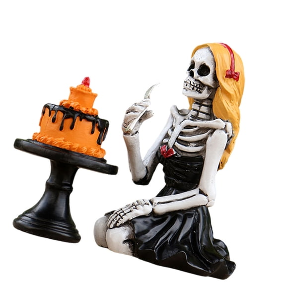 Ghostly Skeleton Figurine with Cake Statue, Watertight Goth Art for Halloween Garden & Home Displays