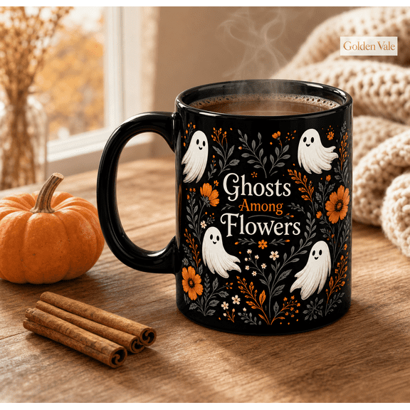 Ghosts Among Flowers Mug, Cute Spooky Floral Black Coffee Cup for Halloween Gifts