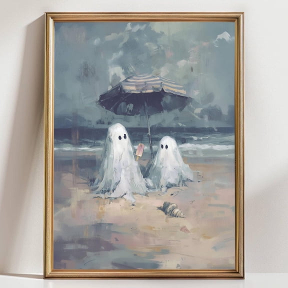 Ghosts At The Beach Wall Art – Whimsical Coastal Print, Summer Ghost Decor, Spooky Season Artwork With Ice Cream Wall Art, Modern Wall Decor, 24x36 UNFRAMED