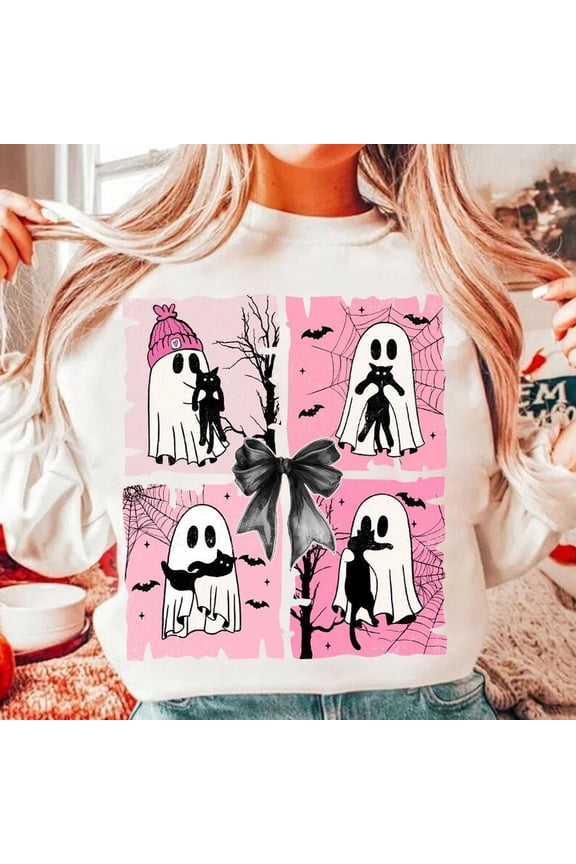 Ghosts with Cats Halloween Sweatshirt, Cute Spooky Season Shirt for Cat Moms, Fun Ghost and Cat Lover SWEAT Sweatshirt, Trendy Fall Graphic Top BO120789