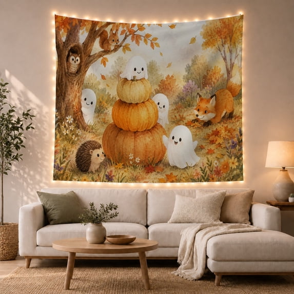Ghosts in Forest Around Pumpkin Stack, Cheerful Watercolor Style for Halloween Decor Lovers, Forest Wall Art, Halloween Gift, Tapestry Wall Hanging for Bedroom and Playroom