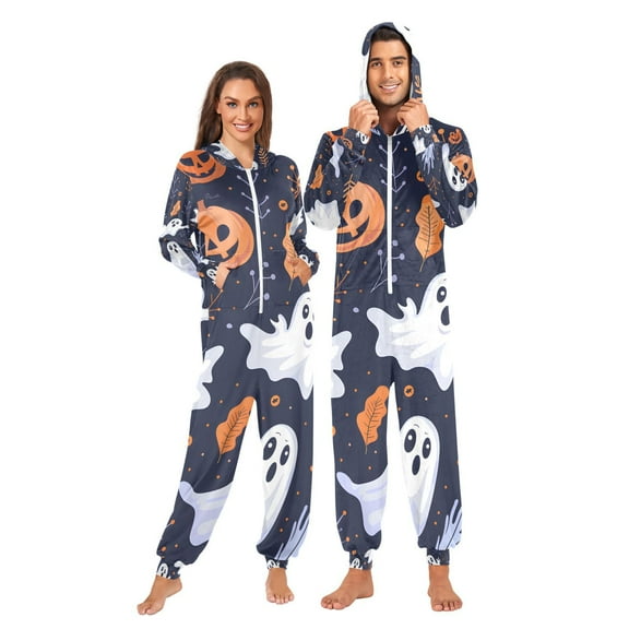 Ghosts Halloween Adult Onesie Pajamas Slim Fit Christmas One Piece Suit Pjs for Women and Men Hooded Zipper
