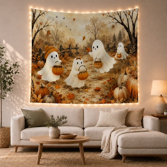 Ghosts on Leaf Covered Forest Path, Cozy Painterly Style for Halloween Decor Lovers, Spooky Wall Art, Halloween Gift, Tapestry Wall Hanging for Bedroom and Dorm