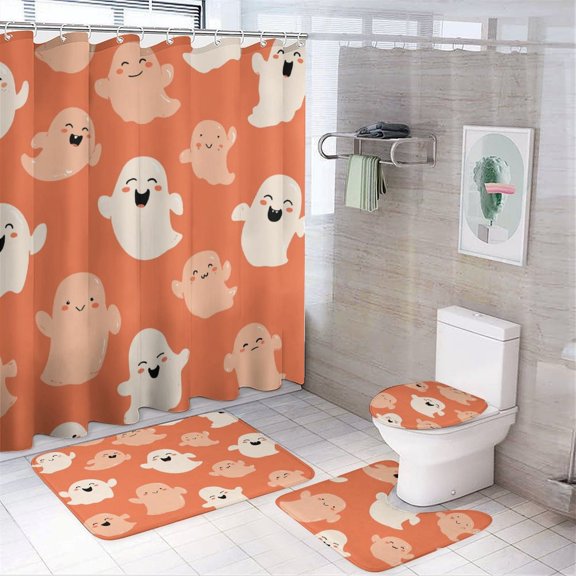 Ghosts Pattern Shower Curtain 4 Piece Sets Shower Curtain Set with Shower Curtain And Rugs 4 Piece Rustic Halloween Durable And Waterproof for Bathtub Decor