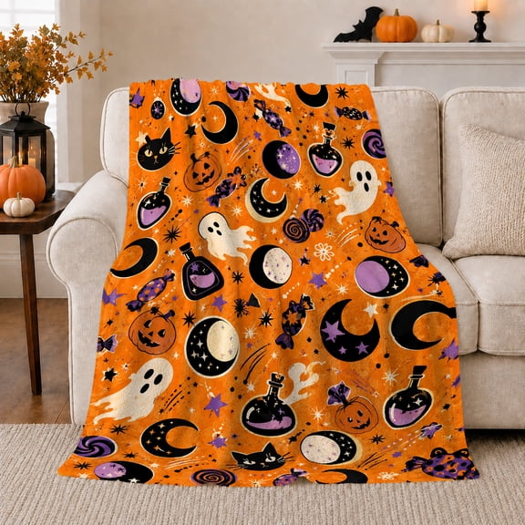 Ghosts And Potion Bottles With Celestial Motifs, Soft Flannel Blanket with Playful Magical Pattern Print, Housewarming Gift and Home Decor for Bedroom and Living Room