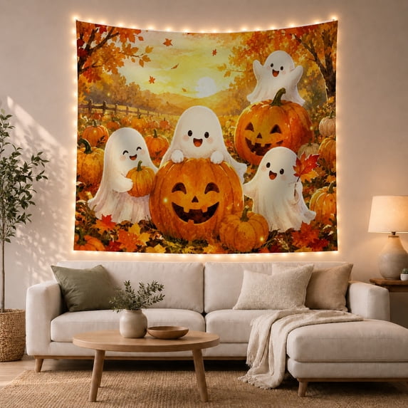 Ghosts in Pumpkin Patch by Jack-O'-Lantern, Joyful Painterly Style for Halloween Decor Lovers, Pumpkin Wall Art, Halloween Gift, Tapestry Wall Hanging for Bedroom and Dorm