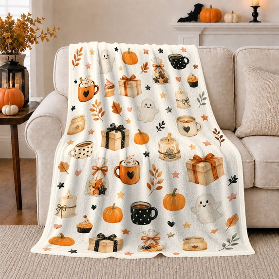 Ghosts Pumpkins and Present Boxes on Cream, Cozy Holiday Style for Halloween Lovers, Autumn Treat Scene and Halloween Gift, Soft Flannel Blanket for Family Room and Guest Room, Home Decor