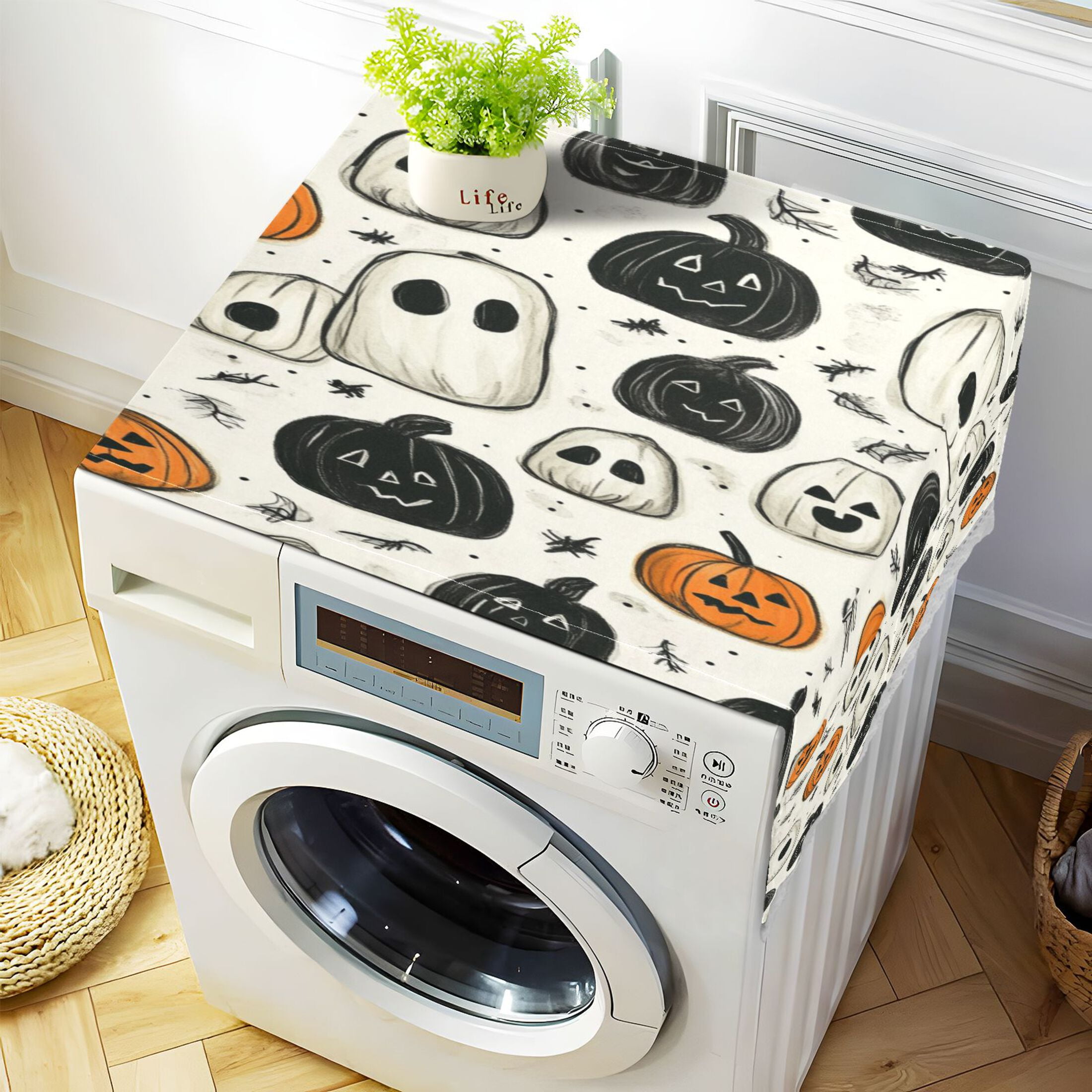 Ghosts and PumpkinsWasher and Dryer Covers Dust-Proof and Oil Resistant Fridge Cover with 4 Storage Pockets Washing Machine Top Cover for Laundry Kitchen Home 51.2 x 22 In