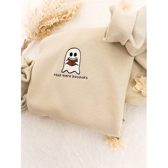 Ghosts Read More Books Halloween Embroidered Sweatshirt