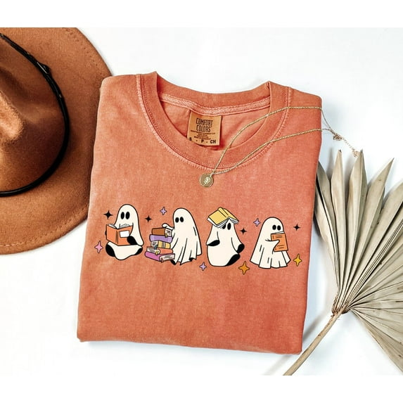 Ghosts Reading Books T-shirt, Books Lover Ghost Gift, Cute Little Ghost T-shirt, Womens Halloween T-shirt, Spooky Season T-shirt, Fall Graphic T-shirt.