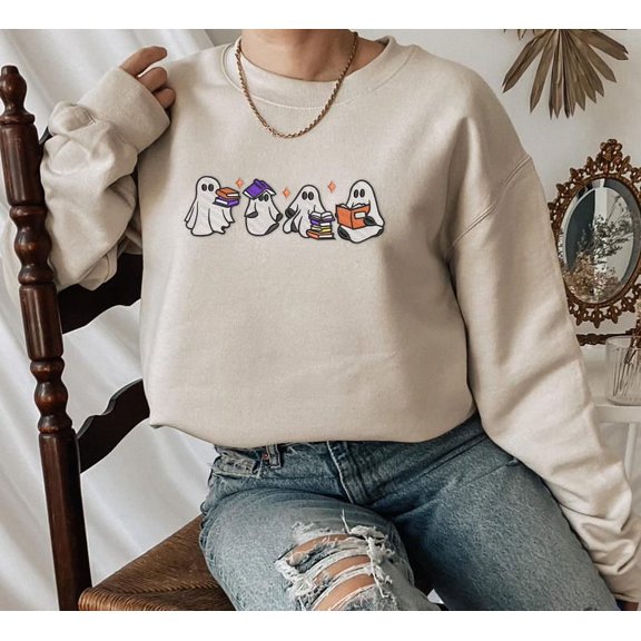 Ghosts Reading Halloween Embroidered Sweatshirt