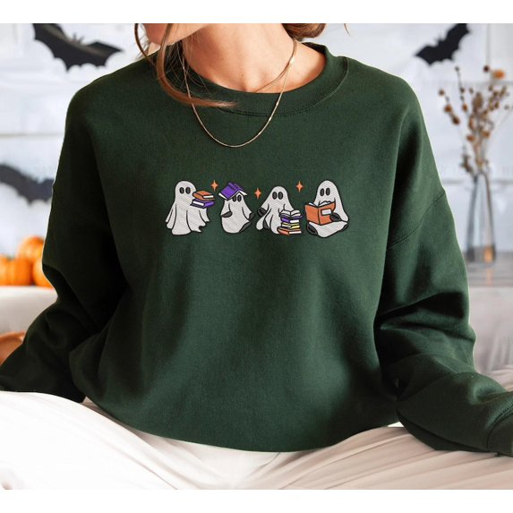 Ghosts Reading Halloween Embroidered Sweatshirt