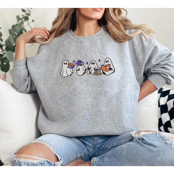 Ghosts Reading Halloween Embroidered Sweatshirt