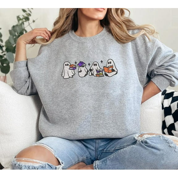 Ghosts Reading Halloween Embroidered Sweatshirt