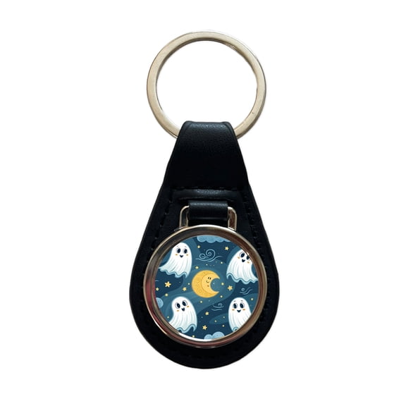 Ghosts Smiling Floating Night Sky Halloween Metal Black Leather Keychain