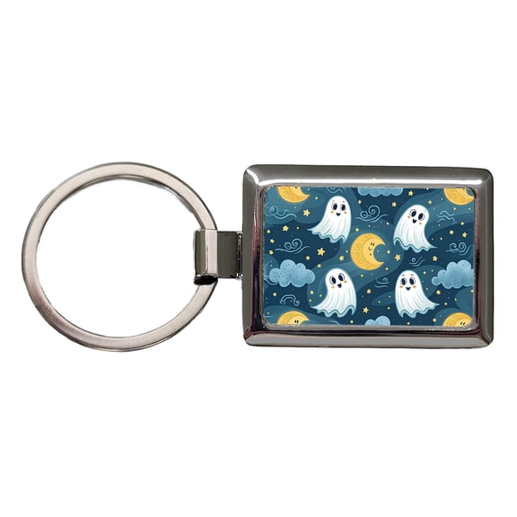 Ghosts Smiling Floating Night Sky Halloween Metal Rectangle Keychain