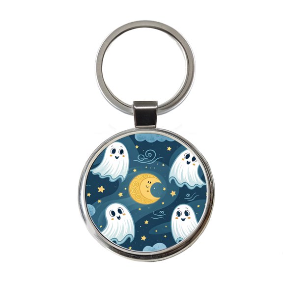 Ghosts Smiling Floating Night Sky Halloween Metal Round Keychain