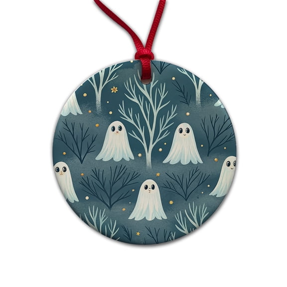 Ghosts Smiling Halloween Sparse Trees Christmas Tree Holiday Round Ceramic Ornament