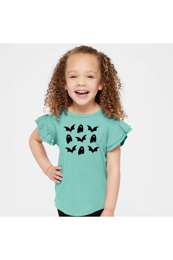 Ghosts and Bats Stacked - Kids Flutter Sleeve Tee