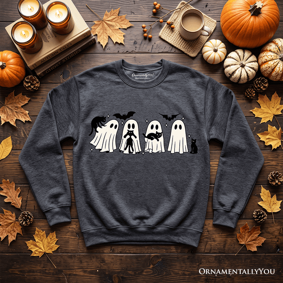 Ghosts and Cats Spooky Sweatshirt, Whimsical Halloween Sweater for Cozy Autumn Season