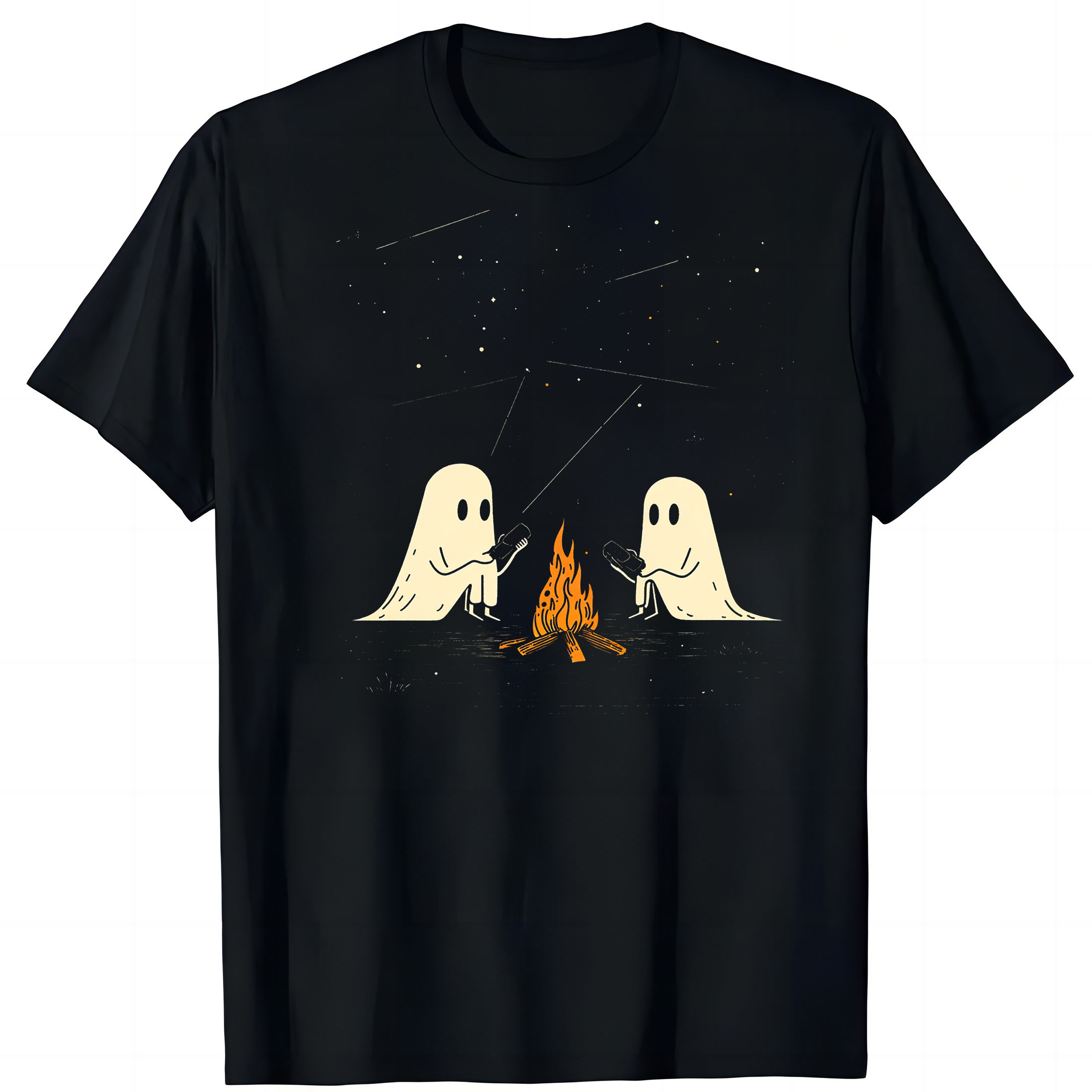 Ghosts and Cherry Blossoms by a Cabin in Autumn Woods Funny Halloween Top for Casual Women