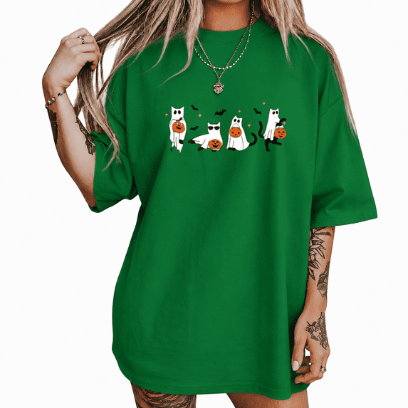 Ghosts and Pumpkins Short Sleeve Top Cheerful Halloween Crewneck Graphic