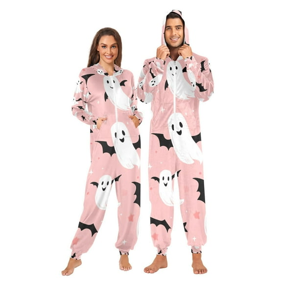 Ghosts and Stars Adult Onesie Pajamas Slim Fit Christmas One Piece Suit Pjs for Women and Men Hooded Zipper