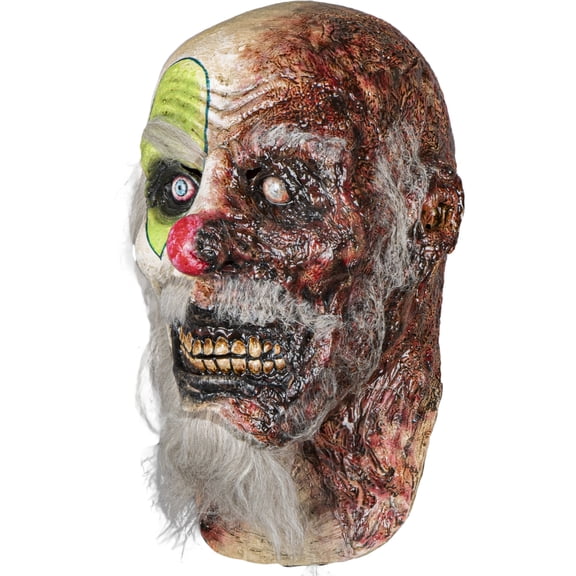 Ghoulish Productions Fiery Clown Latex Mask With Neck Burned Horror Clown Half Charred Half Corpse Realistic Design Hand Crafted for Halloween Costume and Collectors