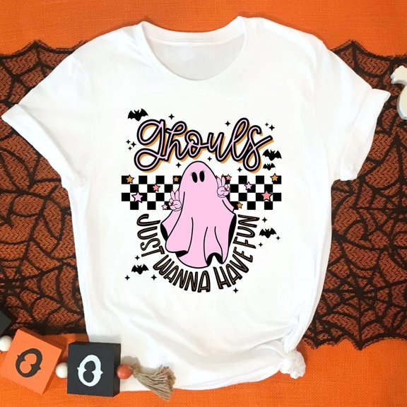 Ghouls Just Wanna Have Fun Checkered Ghost T-Shirt, Floral Ghost Shirt, Cute Fall Shirt, Retro Cottagecore Ghost Tee All Size S-5Xl