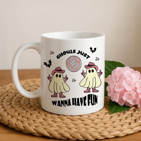 Ghouls Just Wanna Have Fun Coffee Mug, Cute 80s Vibes Halloween Party Gift, Retro Ghost Disco Ball Ceramic Cup, Funny Spooky Season Presents