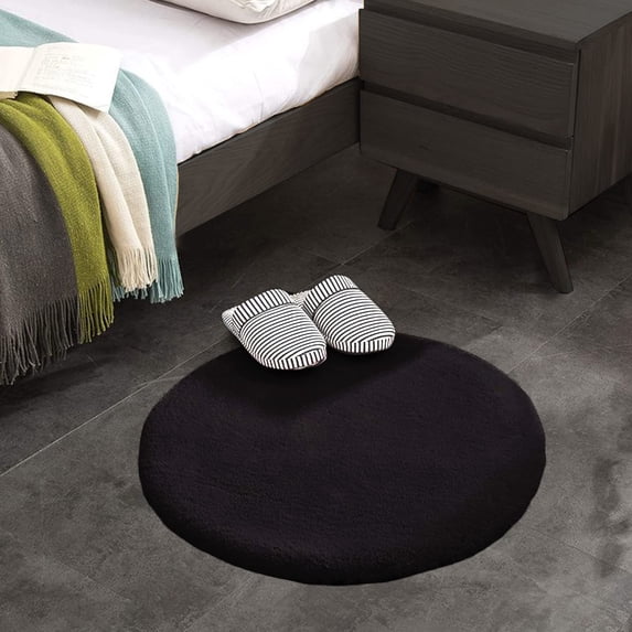 Ghouse 3x3 Soft Black Faux Fur Round Rug, Machine Washable Area Rugs for Bedroom Fluffy Rugs for Living Room,Carpet Sheepskin Rug