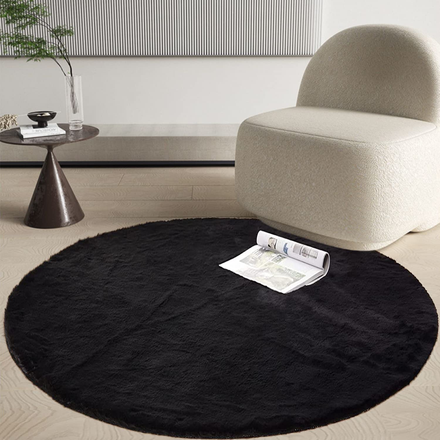 Ghouse 6x6 Soft Black Faux Fur Round Rug, Machine Washable Area Rugs for Bedroom Fluffy Rugs for Living Room,Carpet Sheepskin Rug