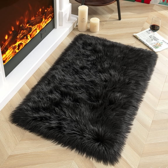 Ghouse Rectangular Black Area Rug 2x3 feet, Thick and Fluffy Faux Sheepskin Machine Washable Rectangular Plush Carpet, Faux Sheepskin Rug for Living Room, Bedroom, Kids Room