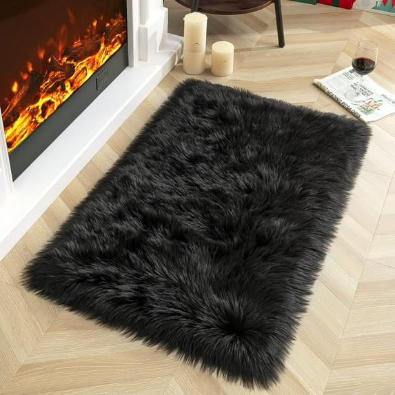 Ghouse Rectangular Black Area Rug 2x3 feet, Thick and Fluffy Faux Sheepskin Machine Washable Rectangular Plush Carpet, Faux Sheepskin Rug for Living Room, Bedroom, Kids Room