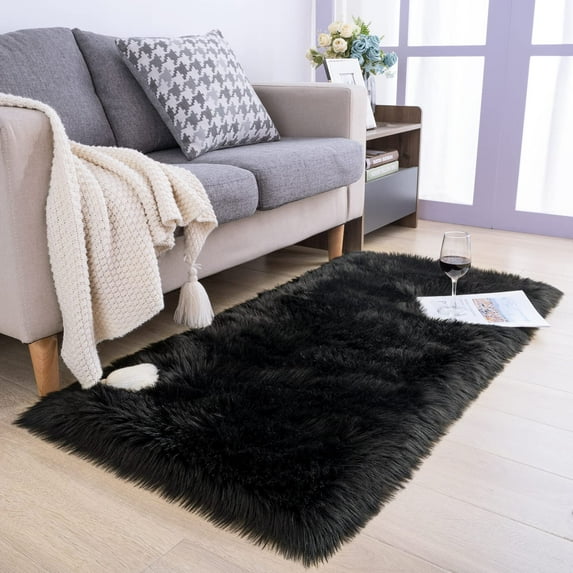 Ghouse Rectangular Black Area Rug 2x6 feet, Thick and Fluffy Faux Sheepskin Machine Washable Rectangular Plush Carpet, Faux Sheepskin Rug for Living Room, Bedroom, Kids Room