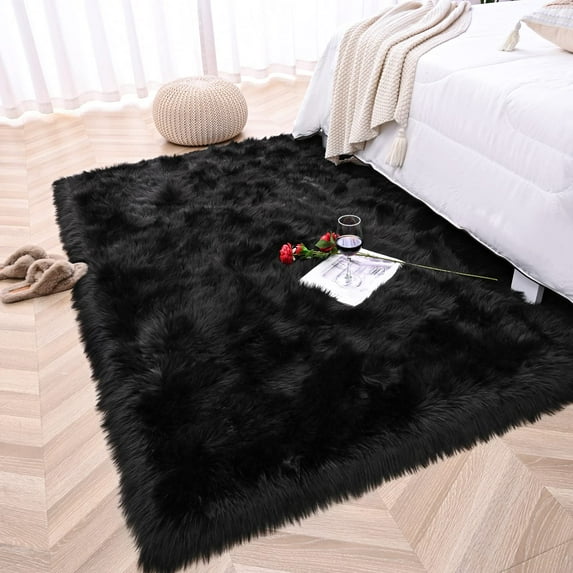 Ghouse Rectangular Black Area Rug 5x6.7 feet, Thick and Fluffy Faux Sheepskin Machine Washable Rectangular Plush Carpet, Faux Sheepskin Rug for Living Room, Bedroom, Kids Room