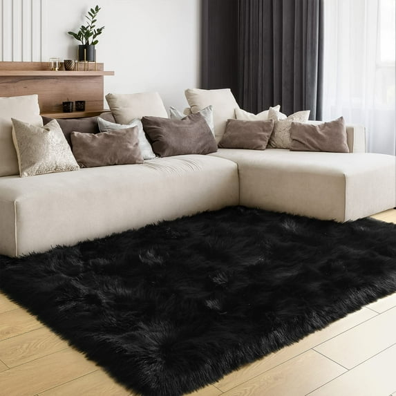 Ghouse Rectangular Black Area Rug 6x8 feet, Thick and Fluffy Faux Sheepskin Machine Washable Rectangular Plush Carpet, Faux Sheepskin Rug for Living Room, Bedroom, Kids Room
