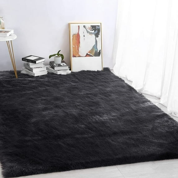 Ghouse Rectangular Black Area Rug 8x10 feet, Thick and Fluffy Faux Sheepskin Machine Washable Rectangular Plush Carpet, Faux Sheepskin Rug for Living Room, Bedroom, Kids Room