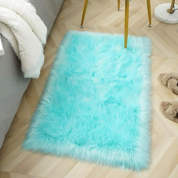 Ghouse Rectangular Blue Area Rug 3x4 feet, Thick and Fluffy Faux Sheepskin Machine Washable Rectangular Plush Carpet, Faux Sheepskin Rug for Living Room, Bedroom, Kids Room