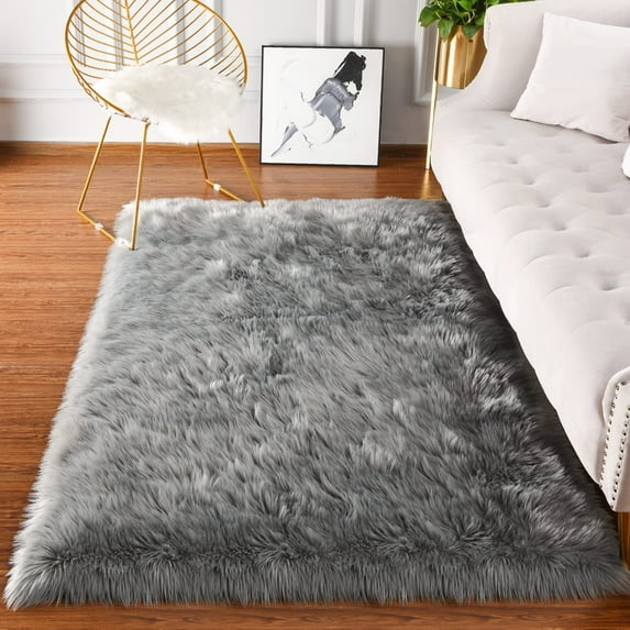 Ghouse Rectangular Grey Area Rug 3x5 feet, Thick and Fluffy Faux Sheepskin Machine Washable Rectangular Plush Carpet, Faux Sheepskin Rug for Living Room, Bedroom, Kids Room